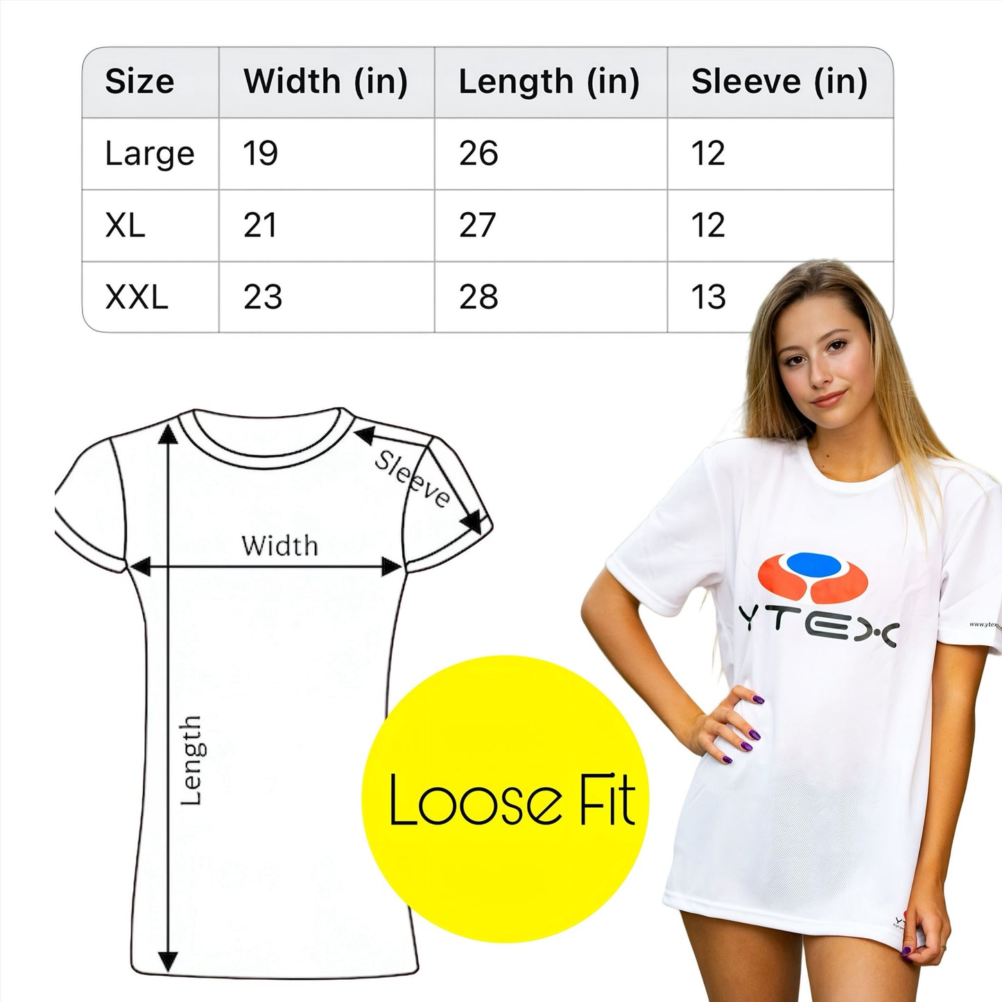 YTEX Loose Fit Women's Tennis T-Shirt – Size chart with measurements (Large to XXL). White relaxed-fit athletic tee with YTEX logo.