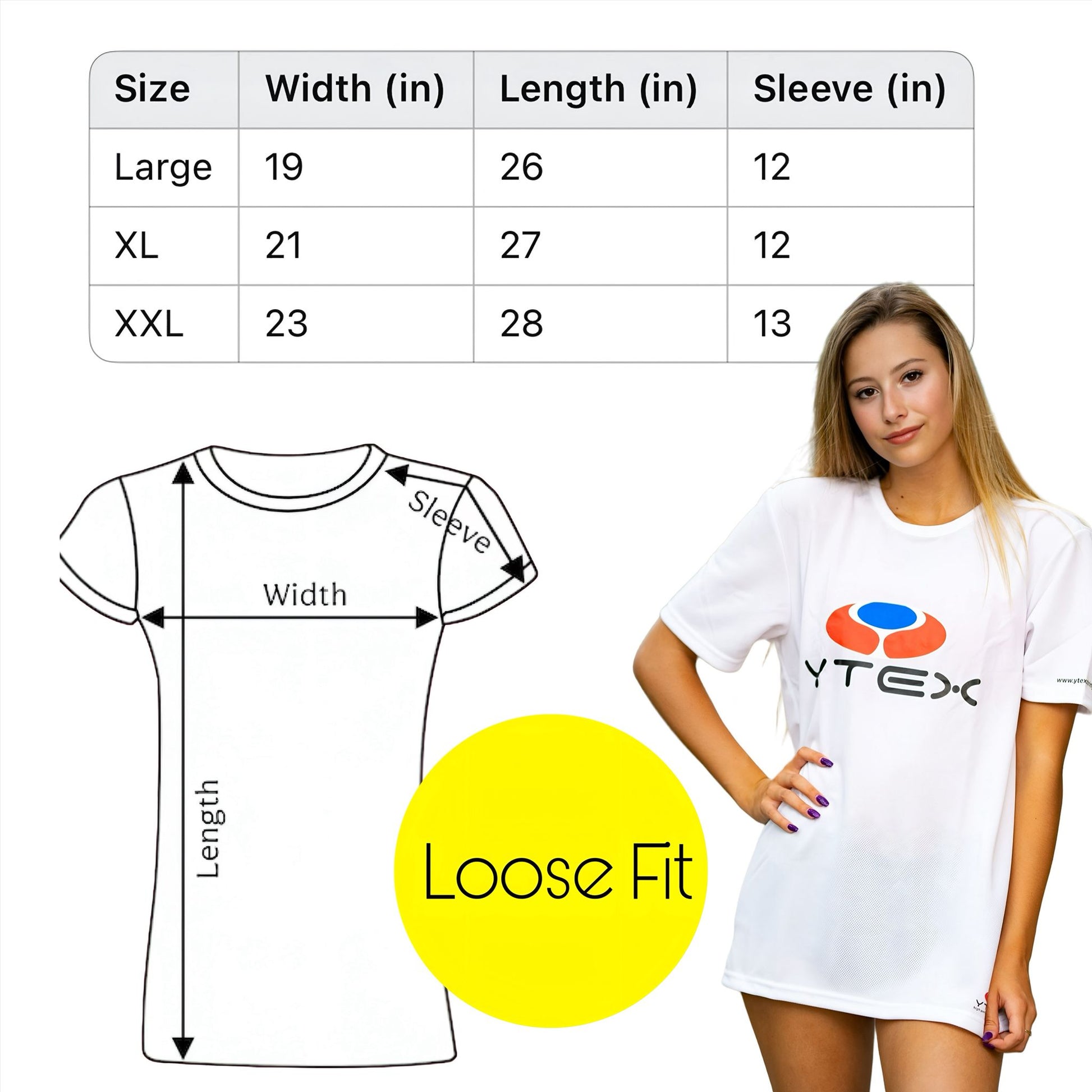 YTEX Loose Fit Women's Tennis T-Shirt – Size chart with measurements (Large to XXL). White relaxed-fit athletic tee with YTEX logo.
