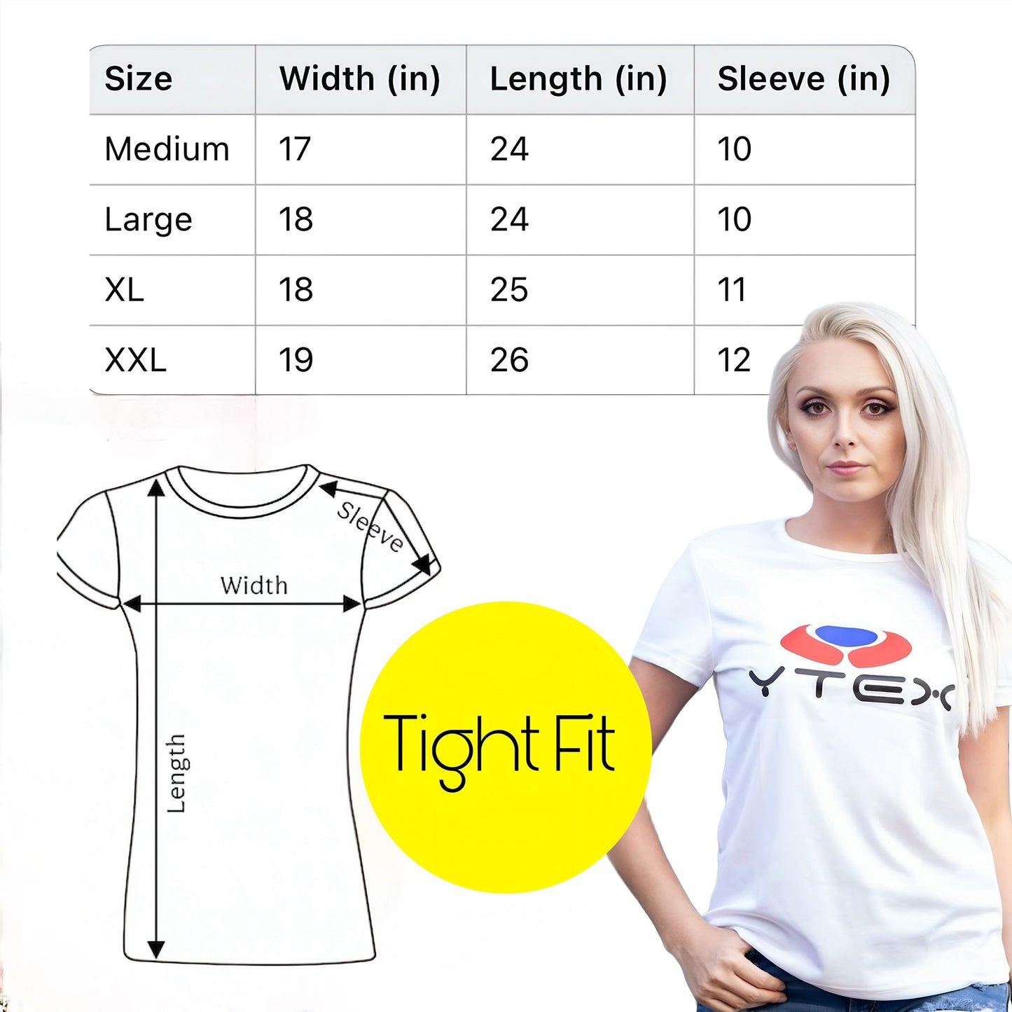 YTEX Tight Fit Women's Tennis T-Shirt – Size chart with measurements (Medium to XXL). White athletic tee with YTEX logo, slim athletic cut.