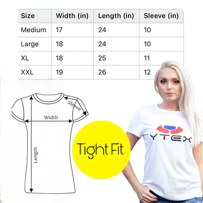 YTEX Tight Fit Women's Tennis T-Shirt – Size chart with measurements (Medium to XXL). White athletic tee with YTEX logo, slim athletic cut.